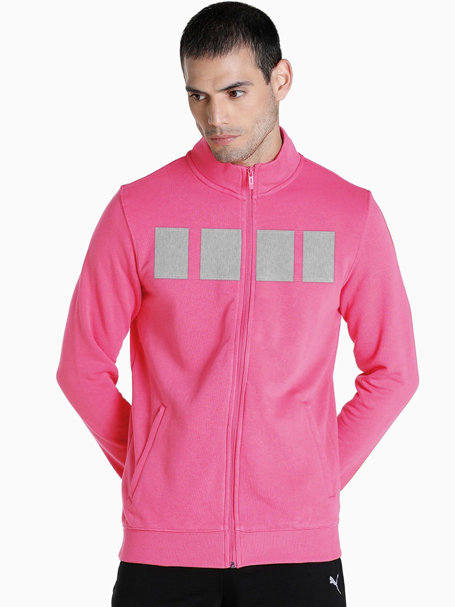 Nyc Polo Fleece Zipper Mock Neck Jacket For Men-Pink with Grey Panel-SP472