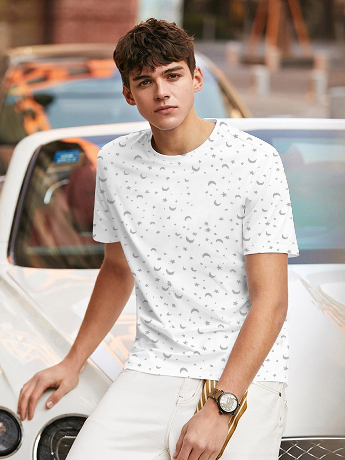 M-17 Single Jersey Crew Neck Tee Shirt For Men-White with Allover Print-SP1923