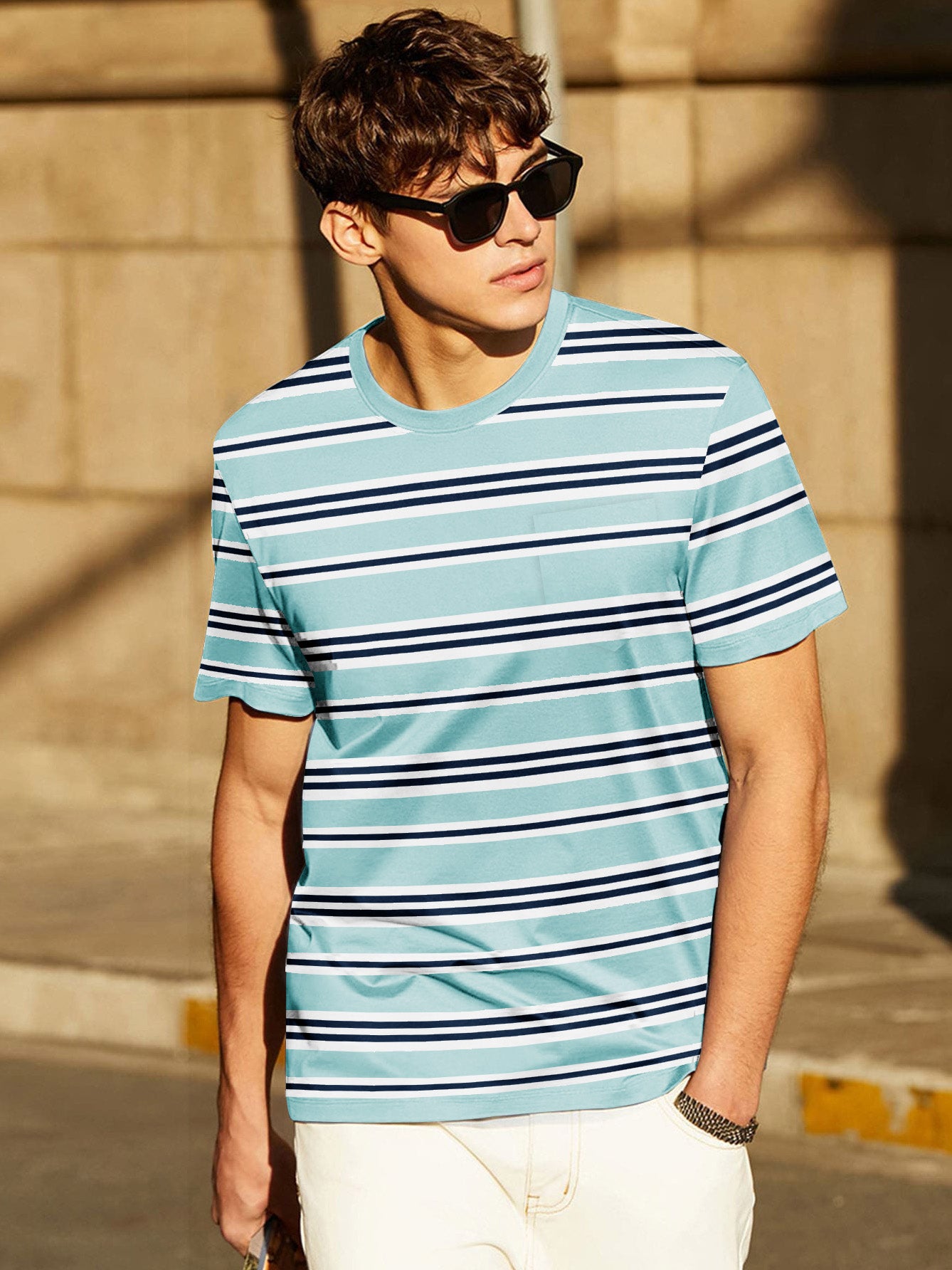 Orignal Single Jersey Crew Neck Tee Shirt For Men-Blue With Stripes-SP1736/RT2425