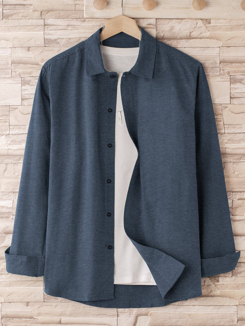 Louis Vicaci Super Stretchy Slim Fit Long Sleeve Summer Formal Casual Shirt For Men-Navy Melange-BR541