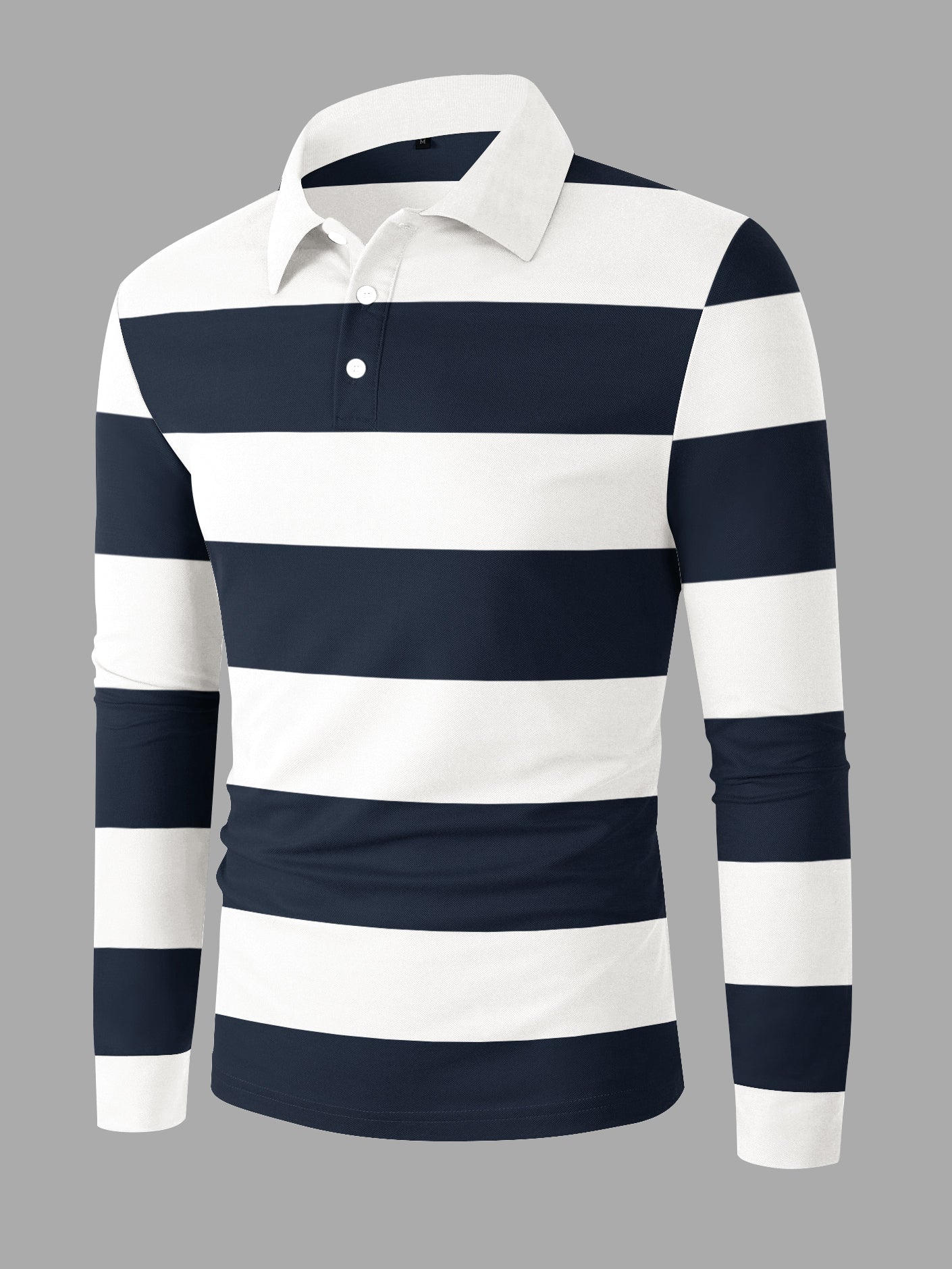 Louis Vicaci Long Sleeve Polo Shirt For Men-White & Navy Stripe