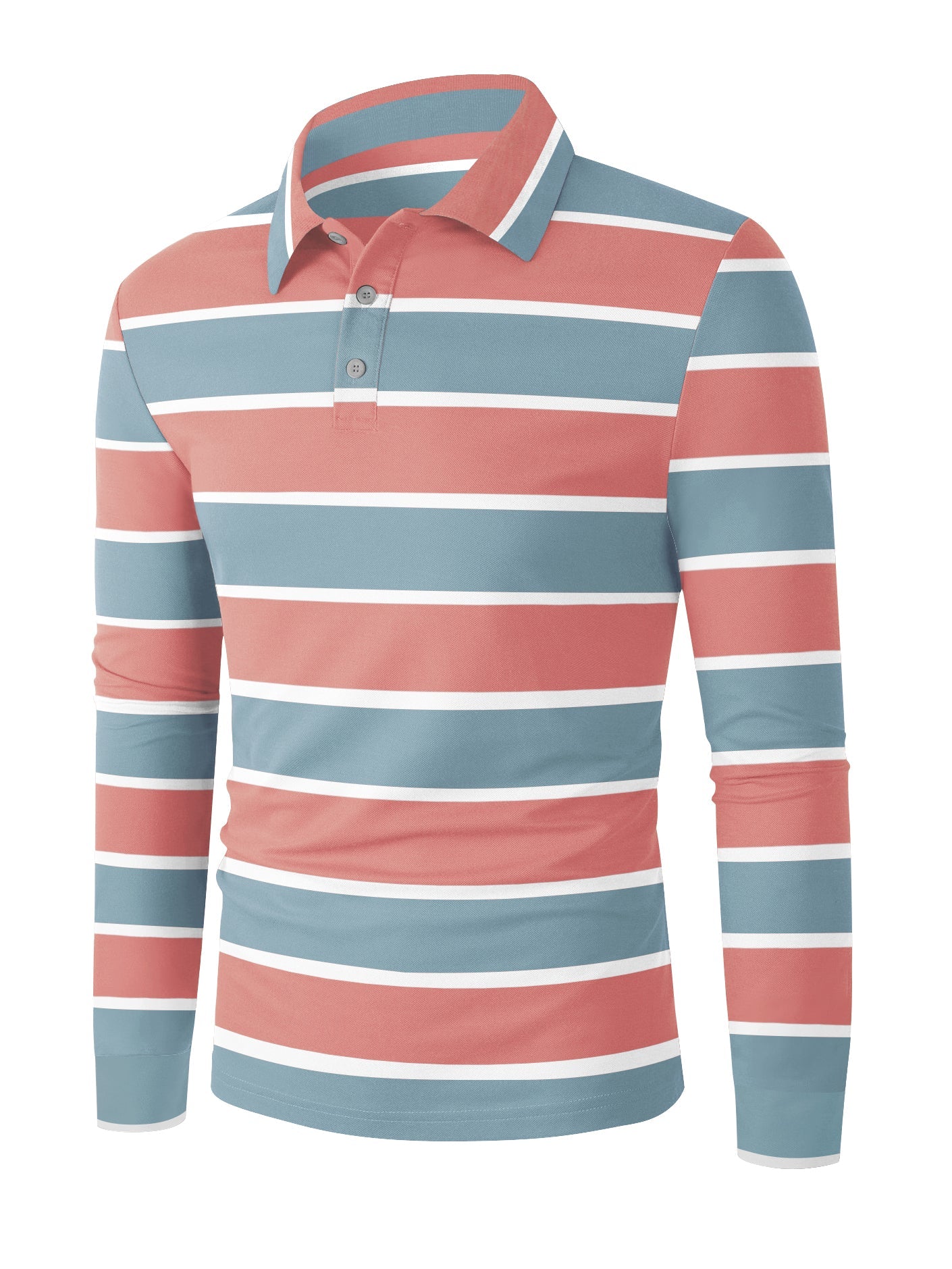 Louis Vicaci Long Sleeve Polo Shirt For Men-Orange with Slate Blue Stripe-BR782