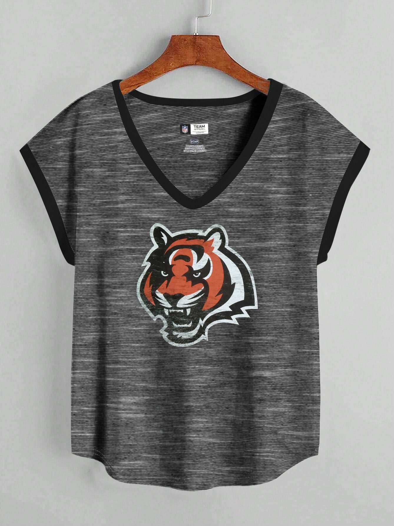 NFL Single Jersey Boxy V Neck Tee Shirt For Ladies-Black Melange-SP2138