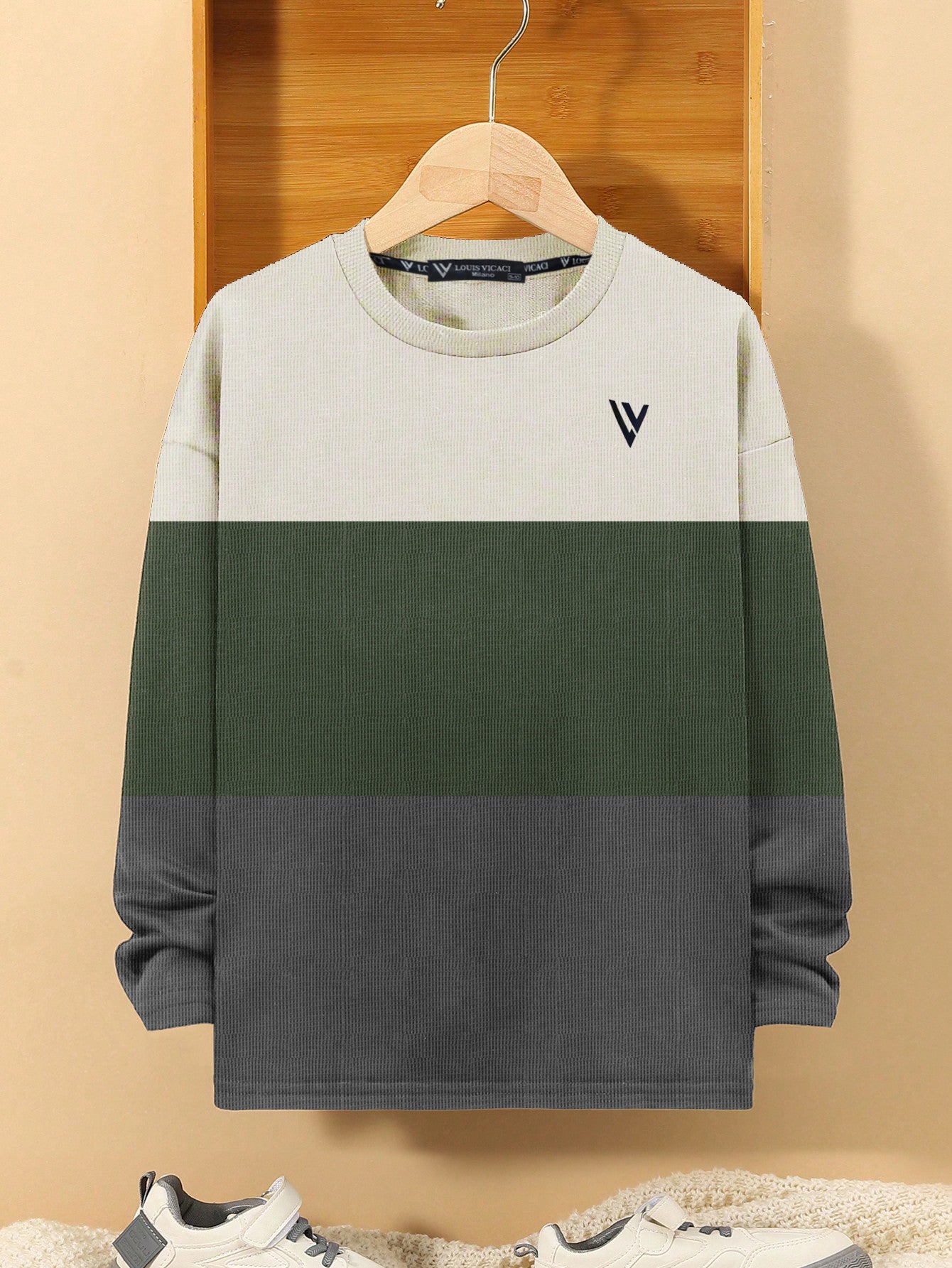 LV Crew Neck Long Sleeve Thermal Tee Shirt For Kids-Off White with Green & Grey-SP1716/RT2420