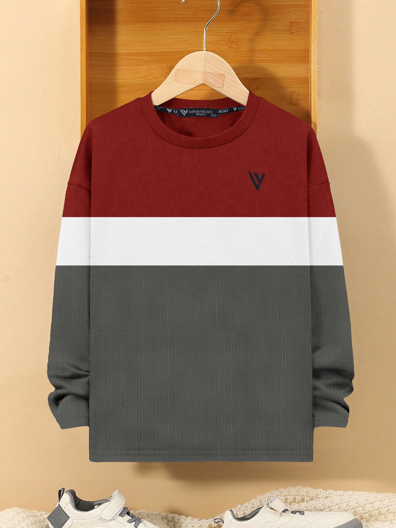 LV Crew Neck Long Sleeve Thermal Tee Shirt For Kids-Red with White & Grey-SP1719/RT2423