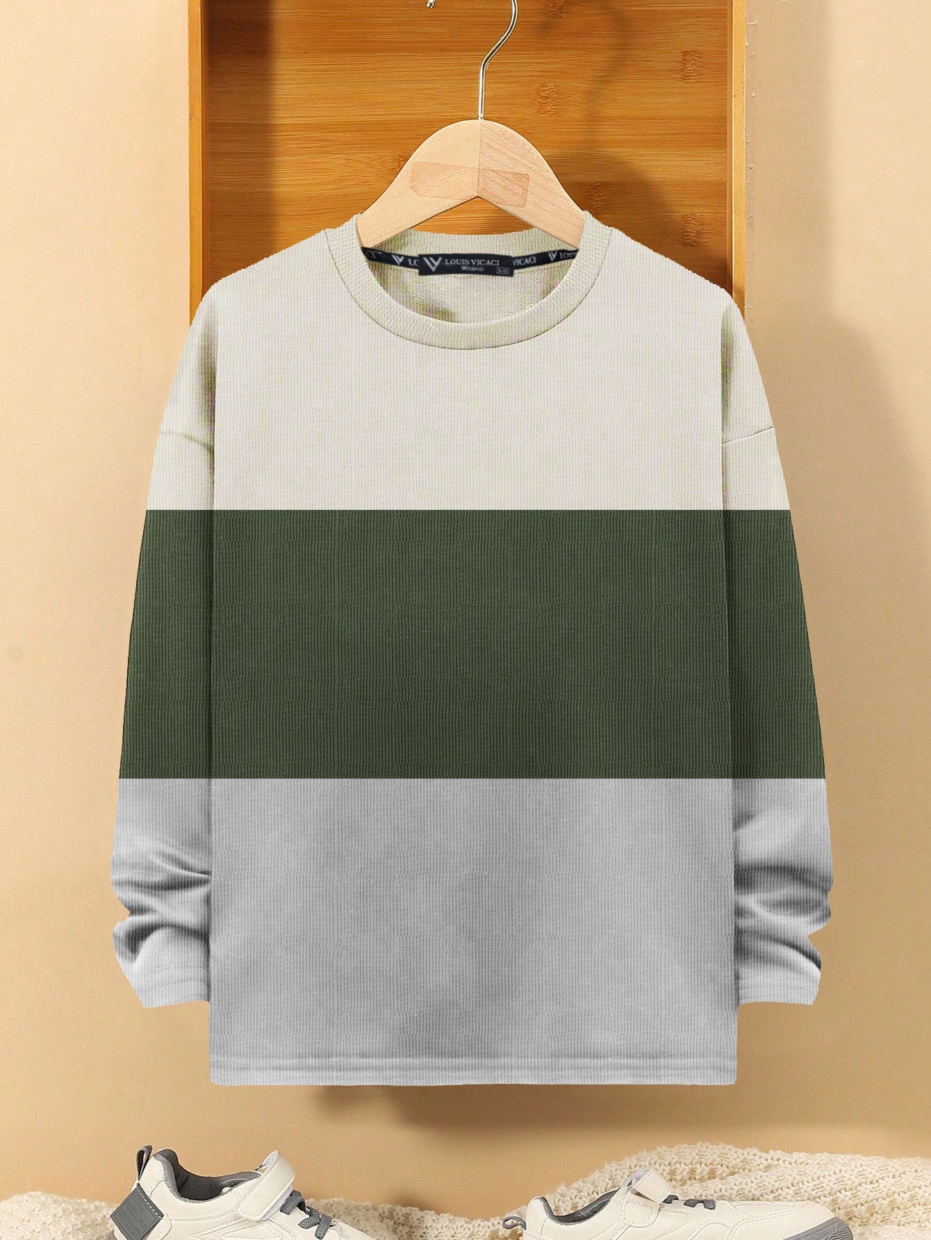 LV Crew Neck Long Sleeve Thermal Tee Shirt For Kids-Off White with Green & Light Grey-SP1717/RT2421