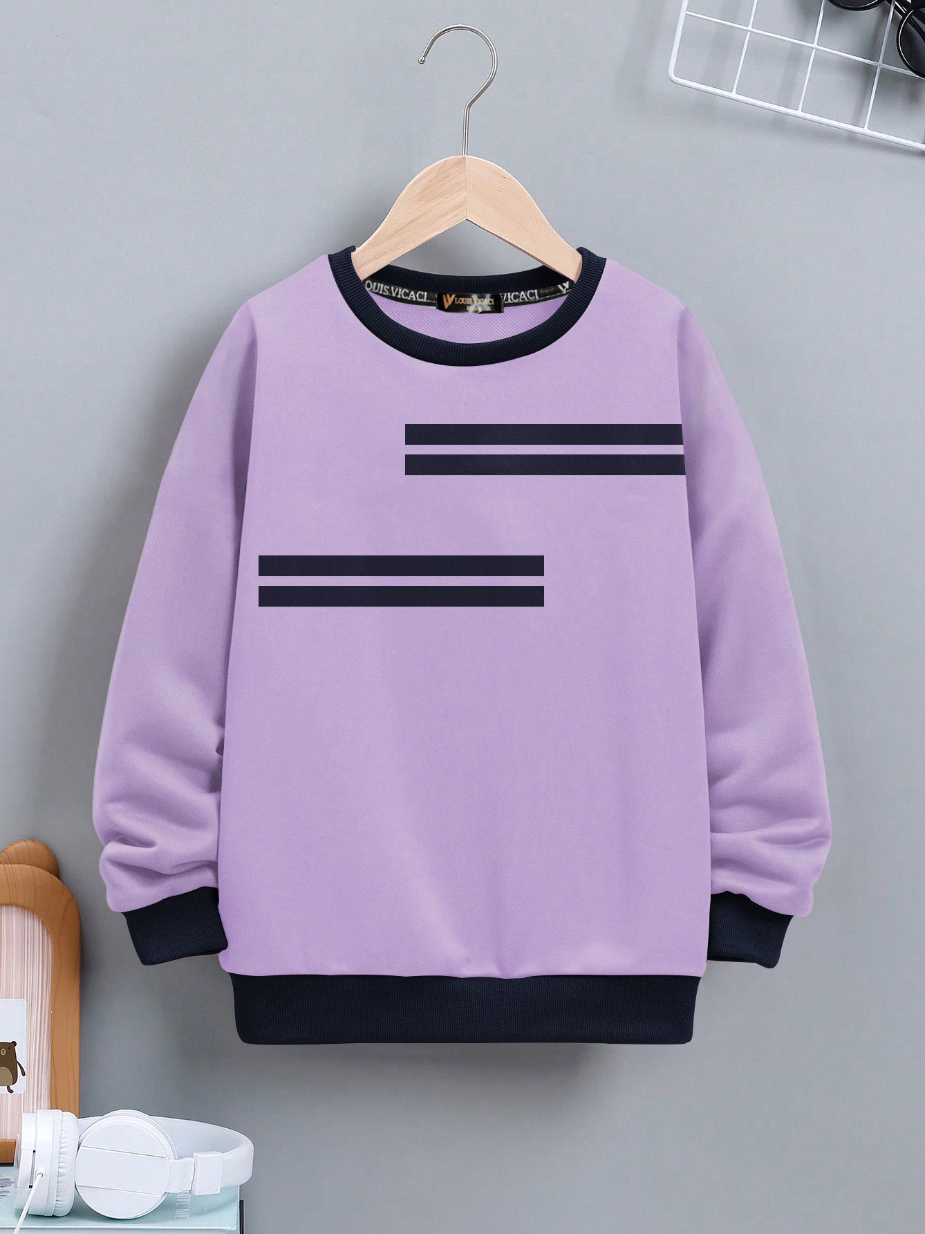 Louis Vicaci Fleece Sweatshirt For Kids-Light Purple with Navy Stripe-BE496/BR1274