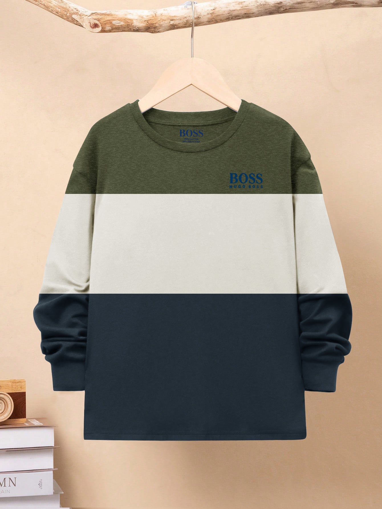 HB Crew Neck Long Sleeve Single Jersey Tee Shirt For Kids-Olive Melange with Off White & Navy-SP1714/RT2418