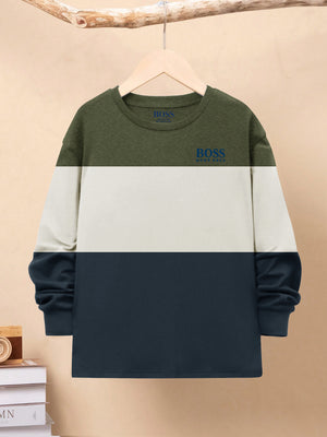 HB Crew Neck Long Sleeve Single Jersey Tee Shirt For Kids-Olive Melange with Off White & Navy-SP1714/RT2418