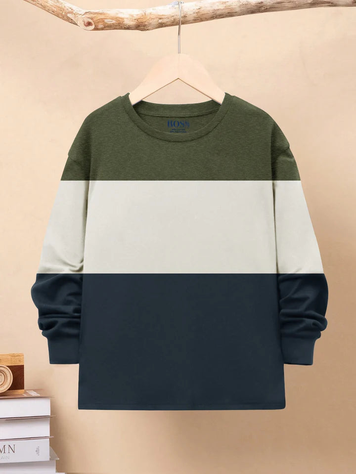 HB Crew Neck Long Sleeve Single Jersey Tee Shirt For Kids-Olive Melange with Off White & Navy-SP1714/RT2418