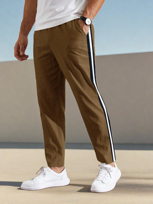 Louis Vicaci Slim Fit Active Wear Summer Trouser For Men-Brown with Navy & White Stripes-SP2511