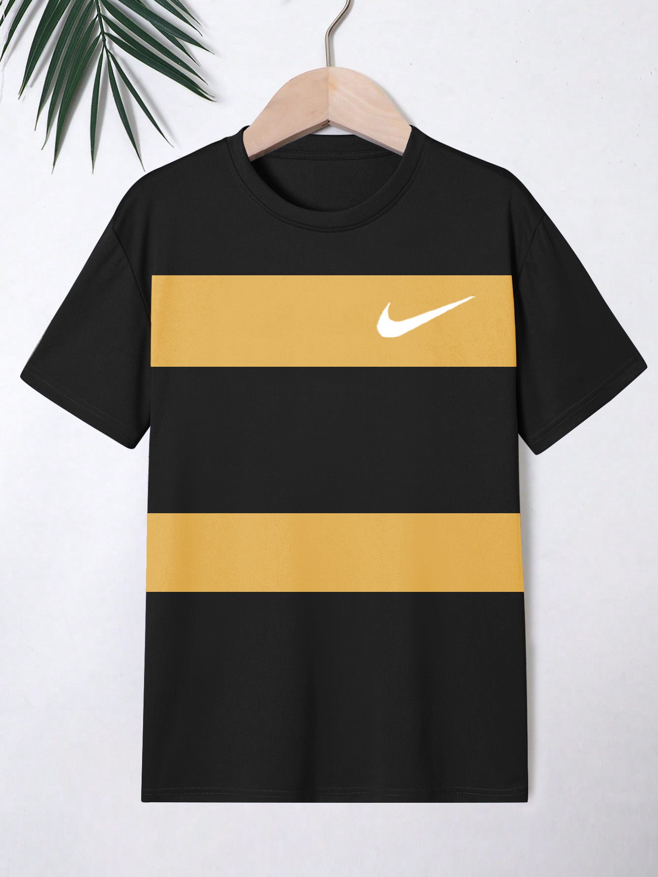 NK Crew Neck Single Jersey Tee Shirt For Kids-Black with Yellow Panels-SP2266