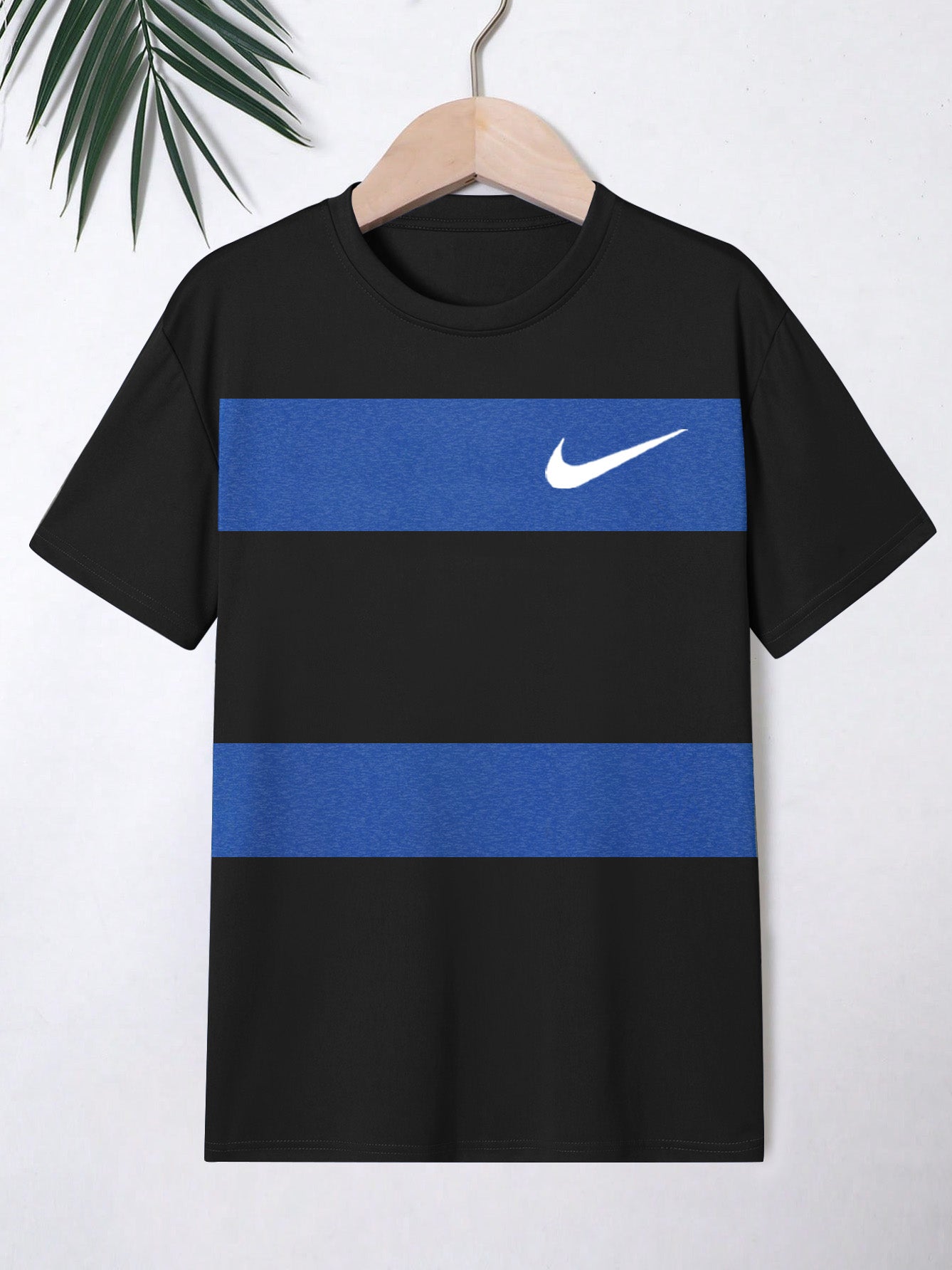 NK Crew Neck Single Jersey Tee Shirt For Kids-Black with Blue Melange Panels-SP2267