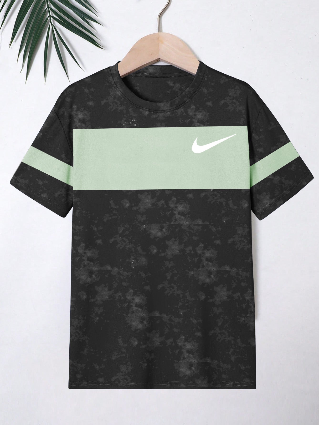 NK Crew Neck Single Jersey Tee Shirt For Men-Black Faded with Light Green Panel-SP2250