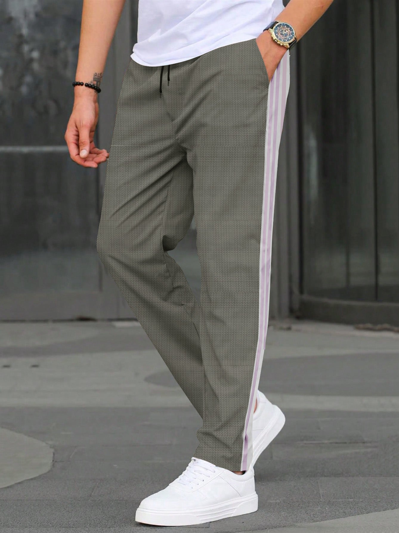 Louis Vicaci Slim Fit Summer Active Wear Trouser For Men-Grey with Allover Texture & Stripe-SP1726