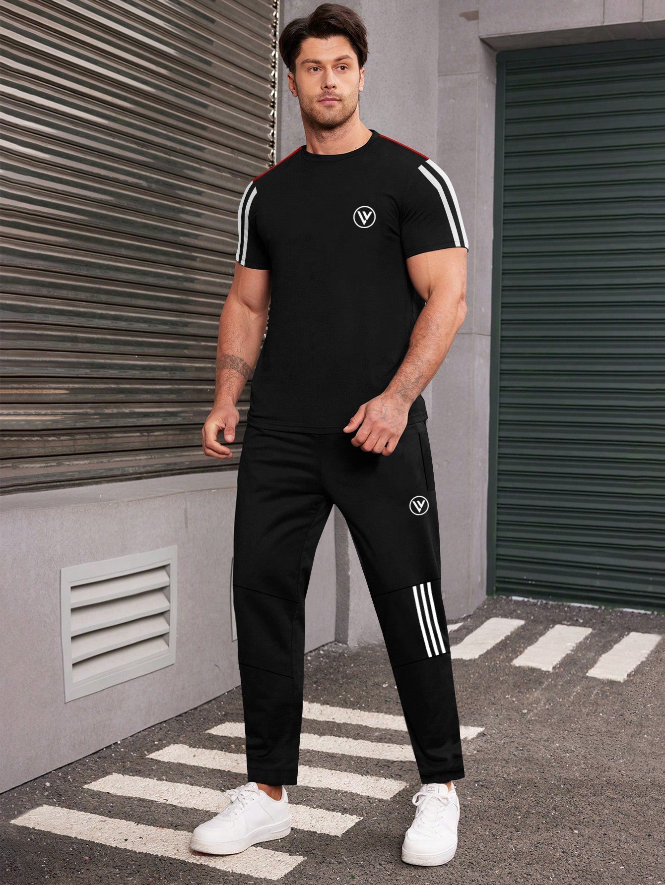 Louis Vicaci Summer Active Wear Tracksuit For Men Black with white Red Stripes SP1953 RT2492