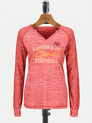 Majestic Lead Play Long Sleeve Split Neck Tee Shirt For Ladies-Carrot Red Melange-SP1994