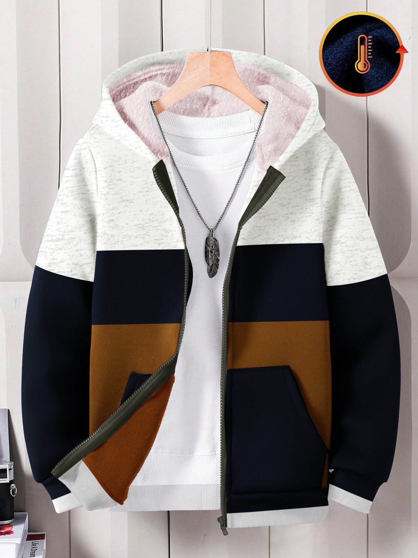 NXT Inner Fur Hood Fleece Full Zipper Hoodie For Kids-Navy with Brown & White Melange Panels-BE2480/BR14493