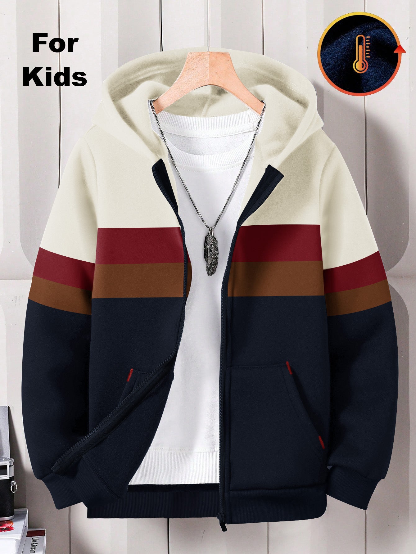 NXT Fleece Full Zipper Hoodie For Kids-Navy & Off White, Brown & Red Panels-BE2759/BR14657