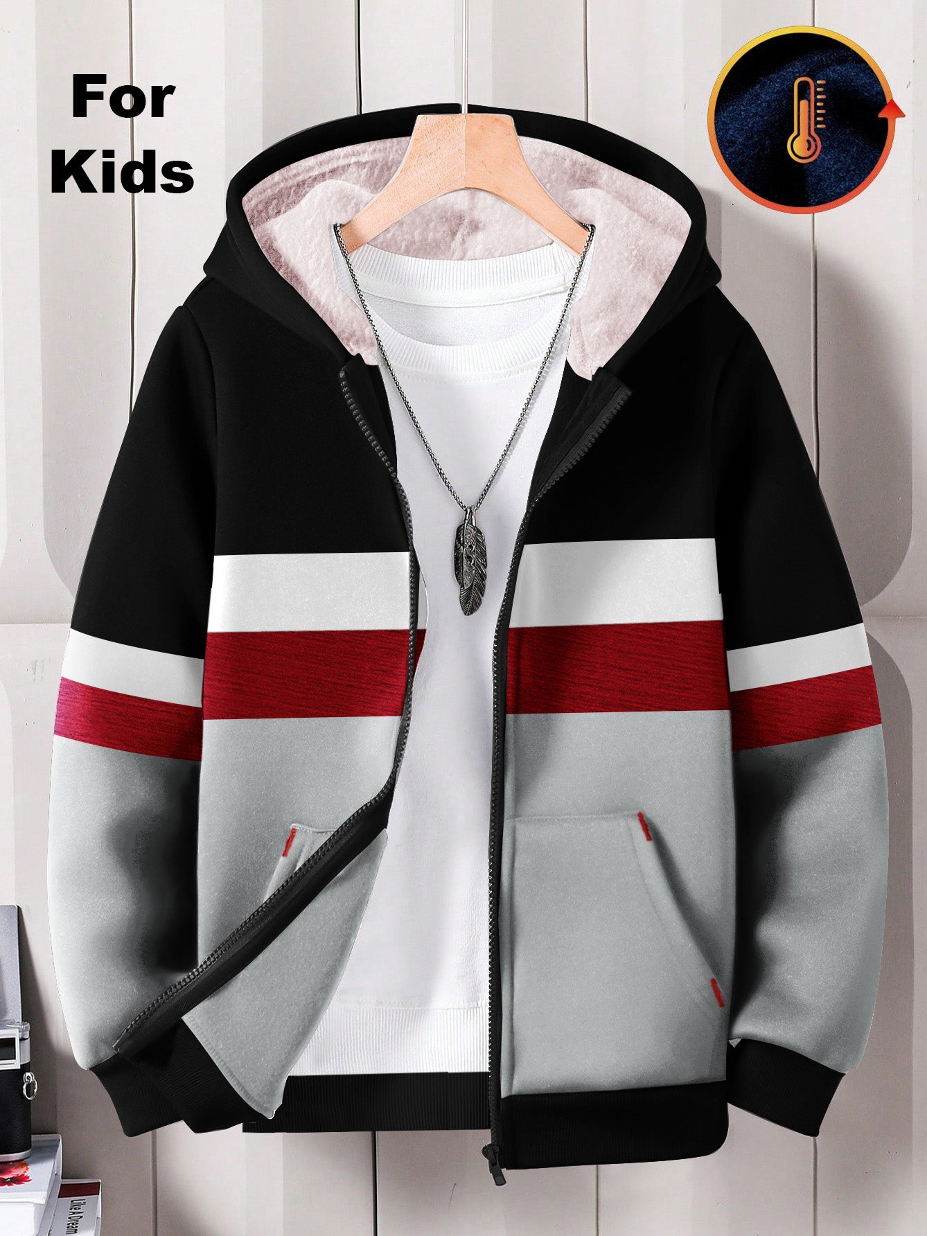 NXT Inner Fur Hood Fleece Full Zipper Hoodie For Kids-Black with Grey, White & Red Panels-BR2705/BR14603