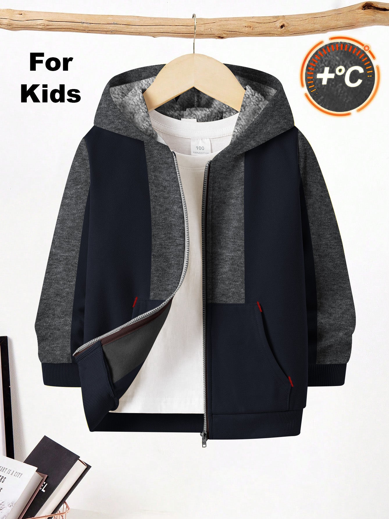 NXT Inner Fur Hood Fleece Full Zipper Hoodie For Kids-Dark Navy with Charcoal Melange Panels-BE2555/BR14526