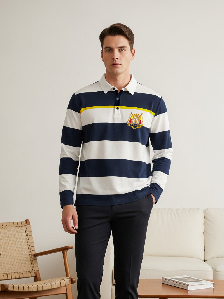 Louis Vicaci Long Sleeve Polo Shirt For Men-White & Navy Stripe-RT1867/BE53