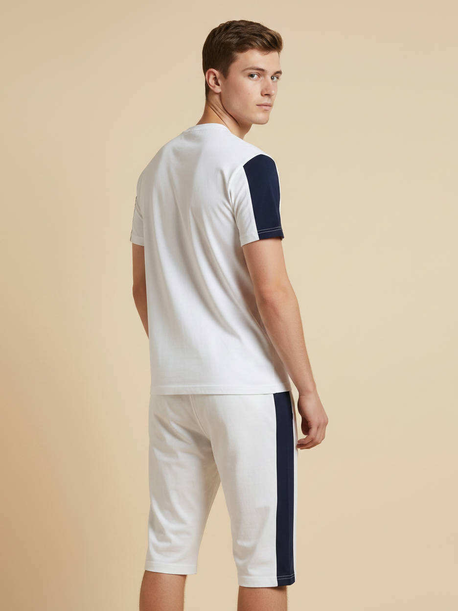 Summer Co Ord Set For Men-Off White & Navy-BE1981