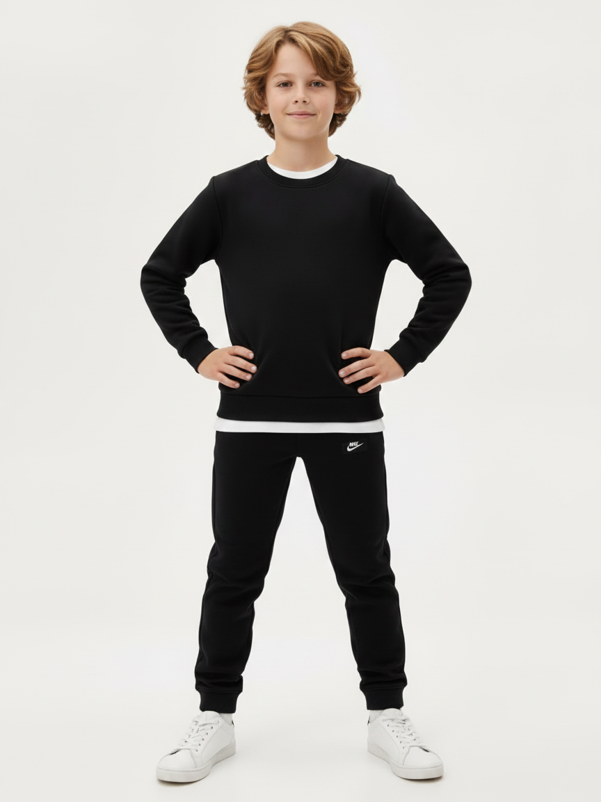 NK Terry Fleece Tracksuit For Kids-Black-NKS01