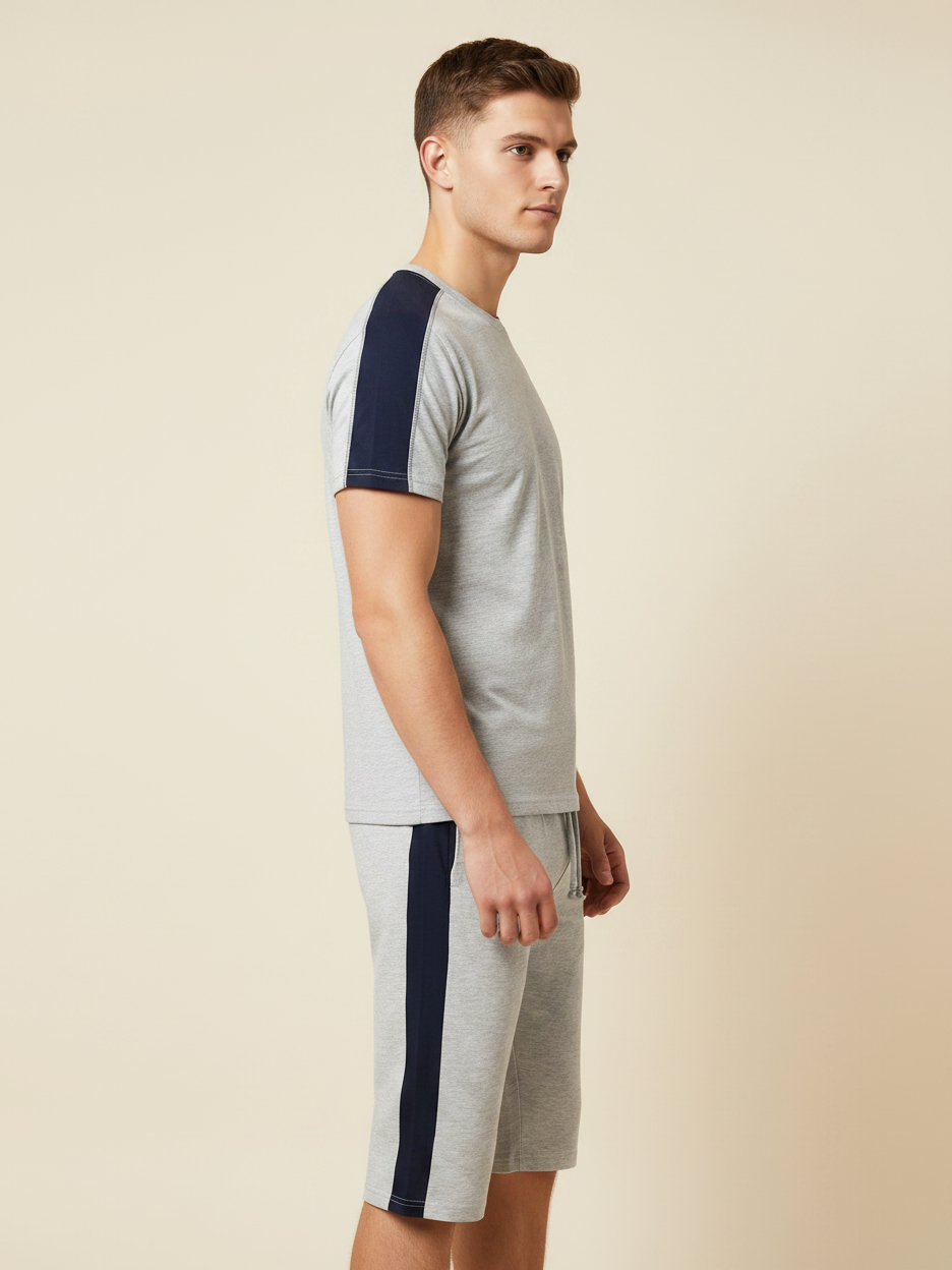 Summer Co Ord Set For Men-Light Grey Melange & Navy-BE1913