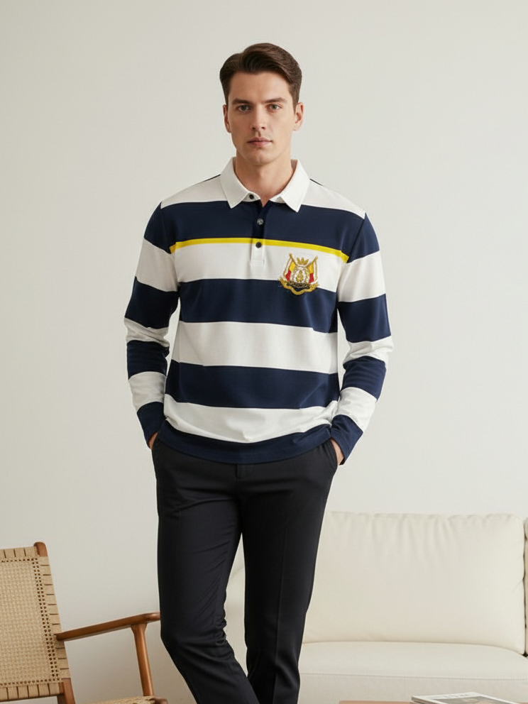 Louis Vicaci Long Sleeve Polo Shirt For Men-White & Navy Stripe-RT1867/BE53