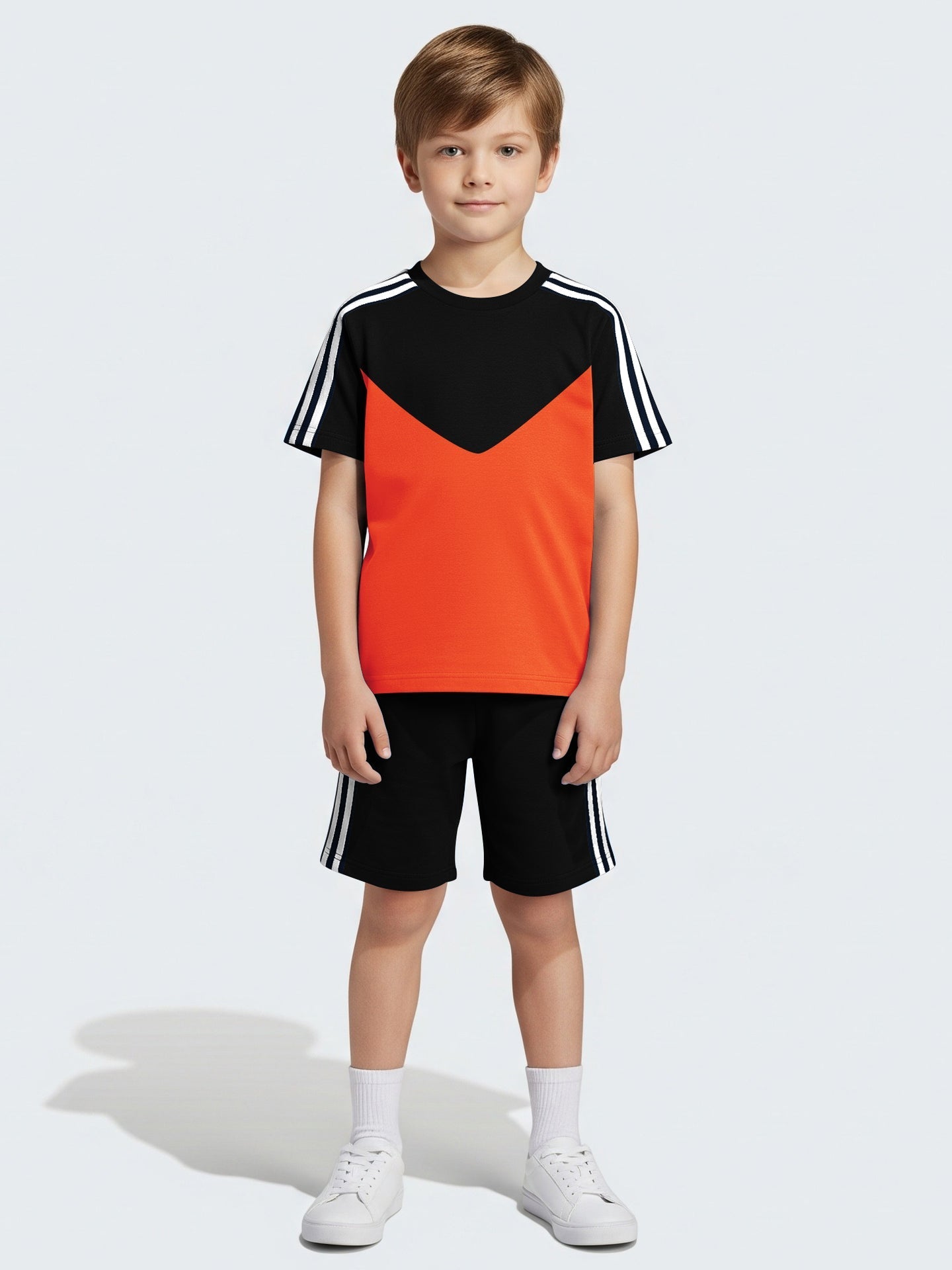 Summer T Shirt & Short Suit For Kids-Orange with Black & White,Navy Stripe-BE3308/BR15746