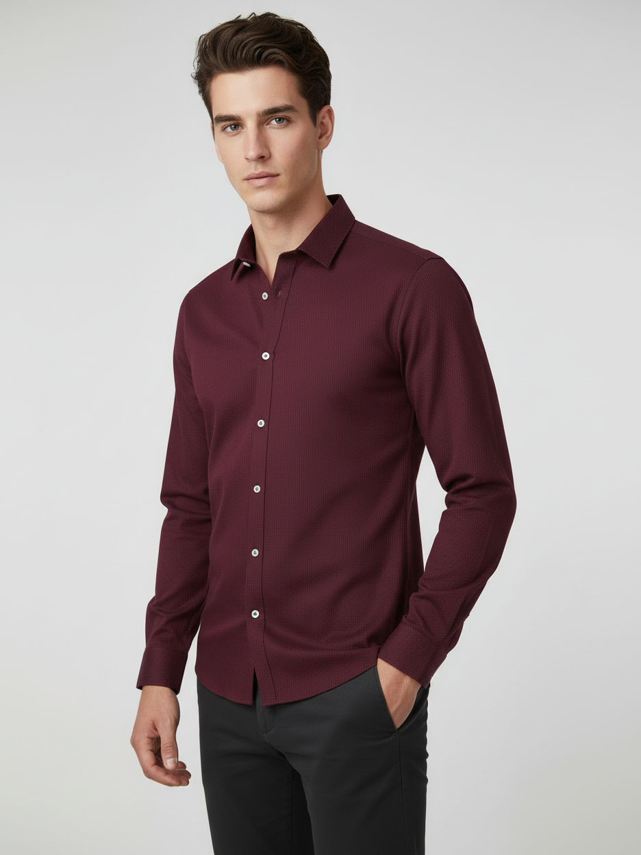 Rawgear 4 Side Lycra Slim Fit Long Sleeve Casual Shirt For Men-Dark Burgundy With Subtle Texture-RG09