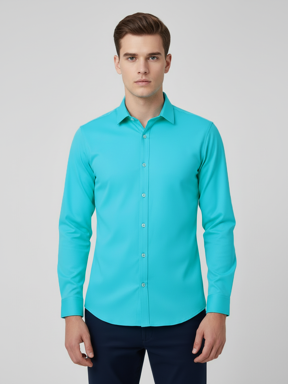 Rawgear 4 Side Lycra Slim Fit Long Sleeve Casual Shirt For Men-Cyan Blue-RG15