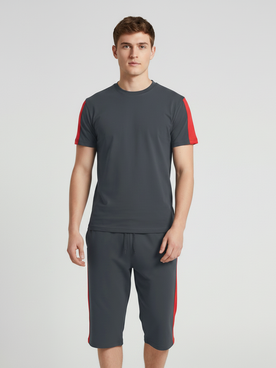 Summer Co Ord Set For Men-Dark Grey & Red-BE9448