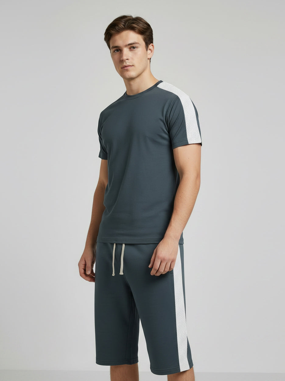 Summer Co Ord Set For Men-Dark Grey & White Panel-BE3200