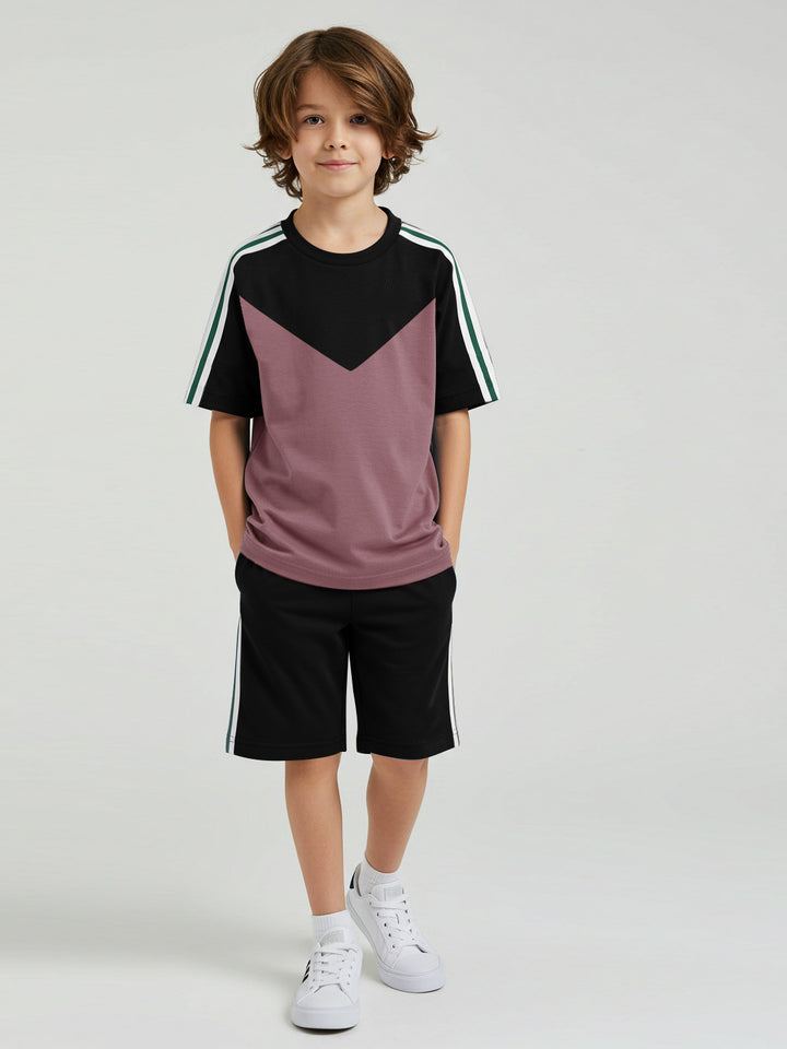 Ads Summer T Shirt & Short Suit For Kids-Tea Pink with Black & White, Green Stripe-BE3293/BR15731