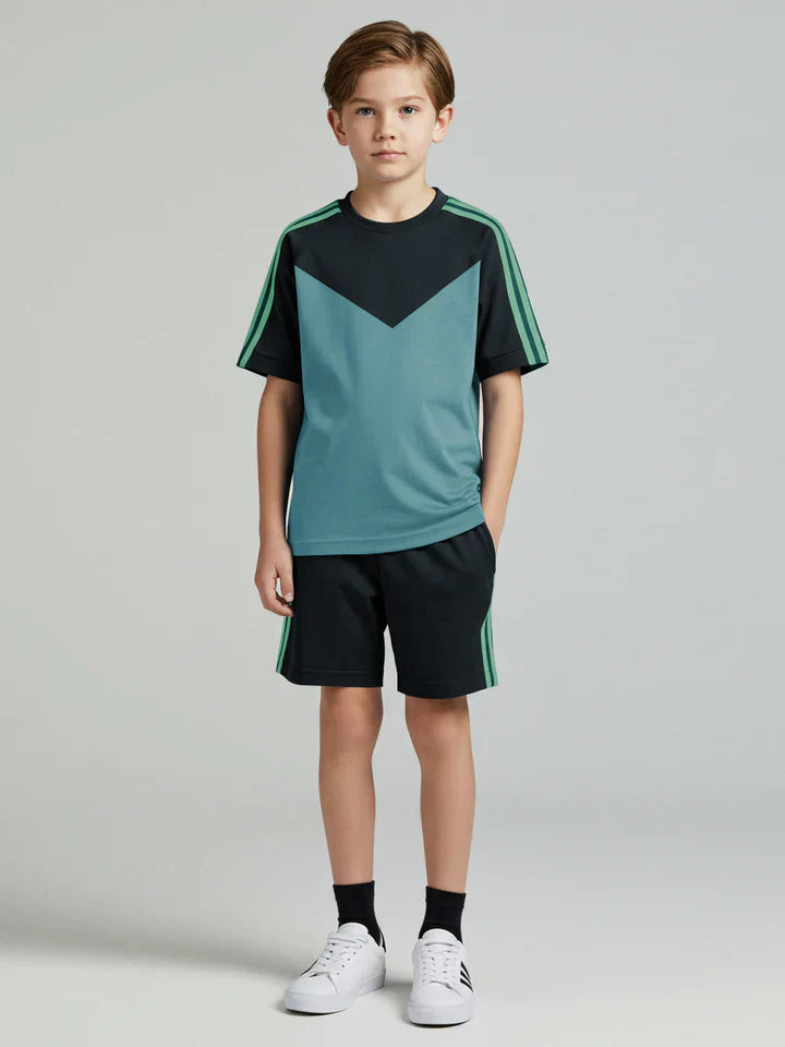 Ads Summer T Shirt & Short Suit For Kids-Bond Blue with Navy & Green Stripe-BE3296/BR15734