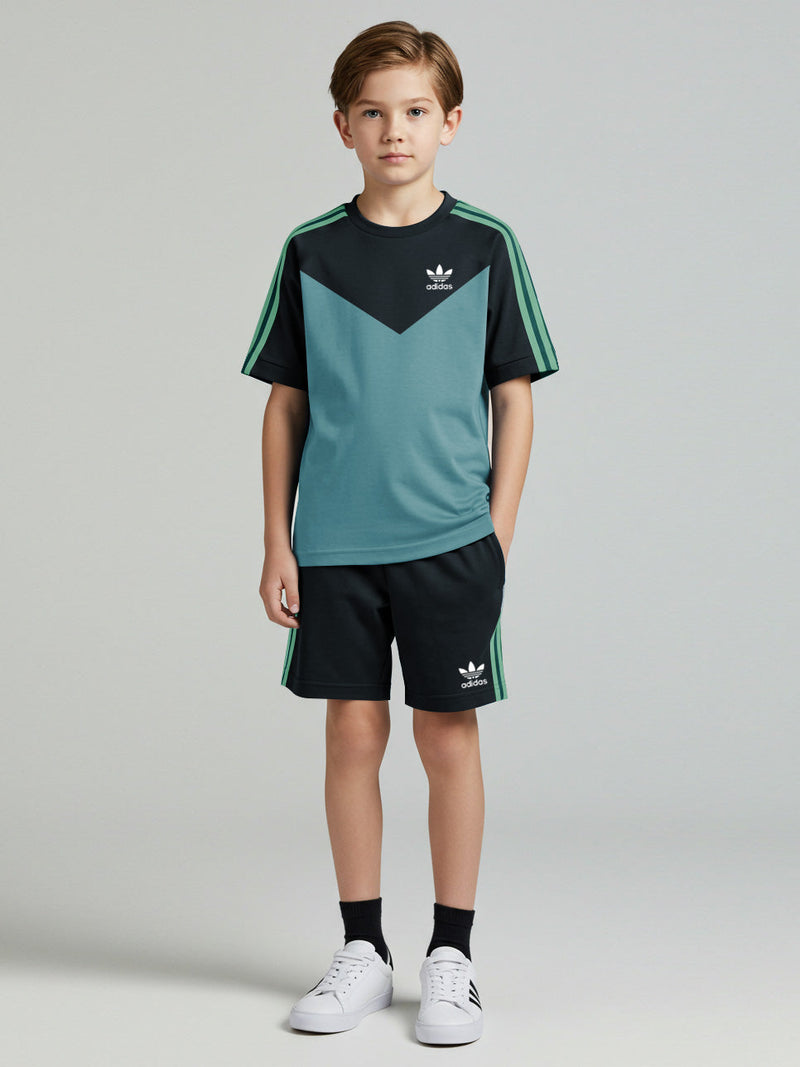 Ads Summer T Shirt & Short Suit For Kids-Bond Blue with Navy & Green Stripe-BE3296/BR15734