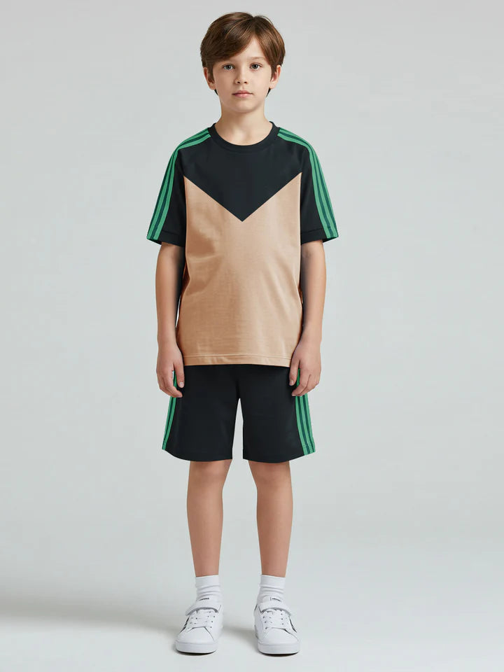 Ads Summer T Shirt & Short Suit For Kids-Skin with Navy & Green Stripe-BE3297/BR15735