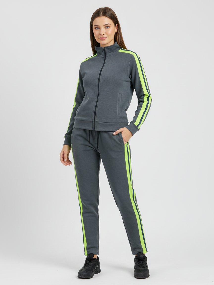 Louis Vicaci Fleece Zipper Tracksuit For Ladies-Dark Grey With Lime & Navy Stripes-LVTS005