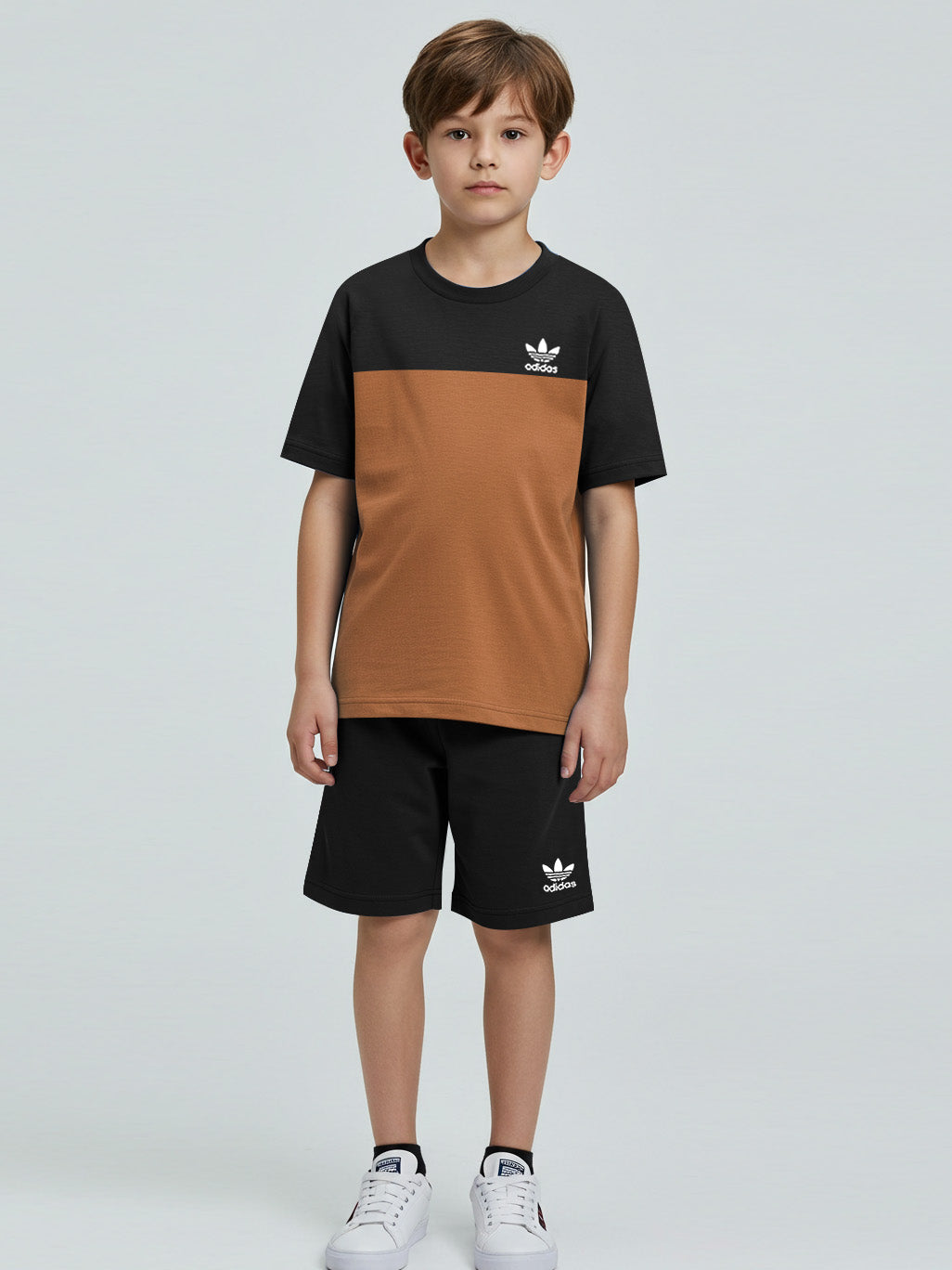 Ads Summer T Shirt & Short Suit For Kids-Black with Dark Camel-BE3283/BR15721