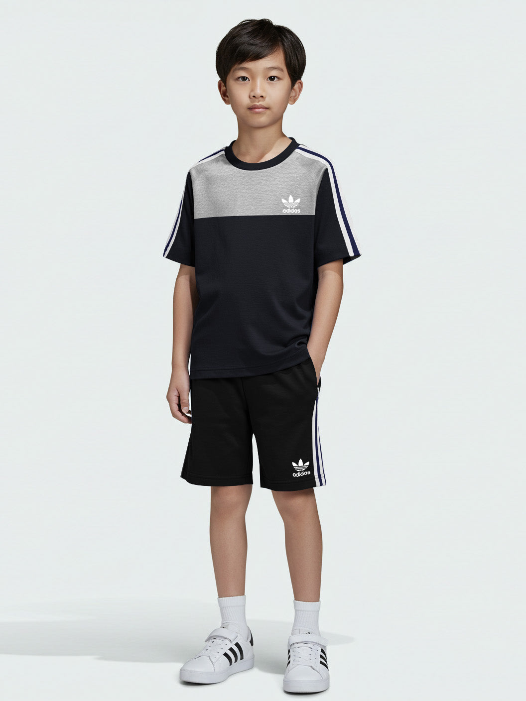 Ads Summer T Shirt & Short Suit For Kids-Navy with Black & White, Navy Stripe-BE3278/BR15716