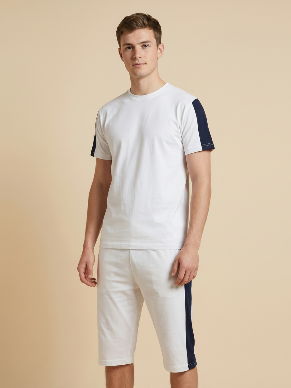 Summer Co Ord Set For Men-Off White & Navy-BE1981