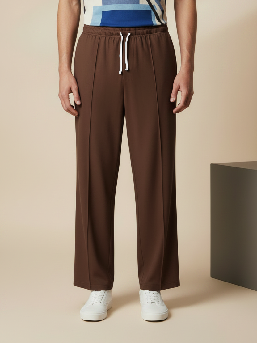 Stylish Dark Brown Wide-Leg Pleated Summer Lycra Trousers For Men-NST14