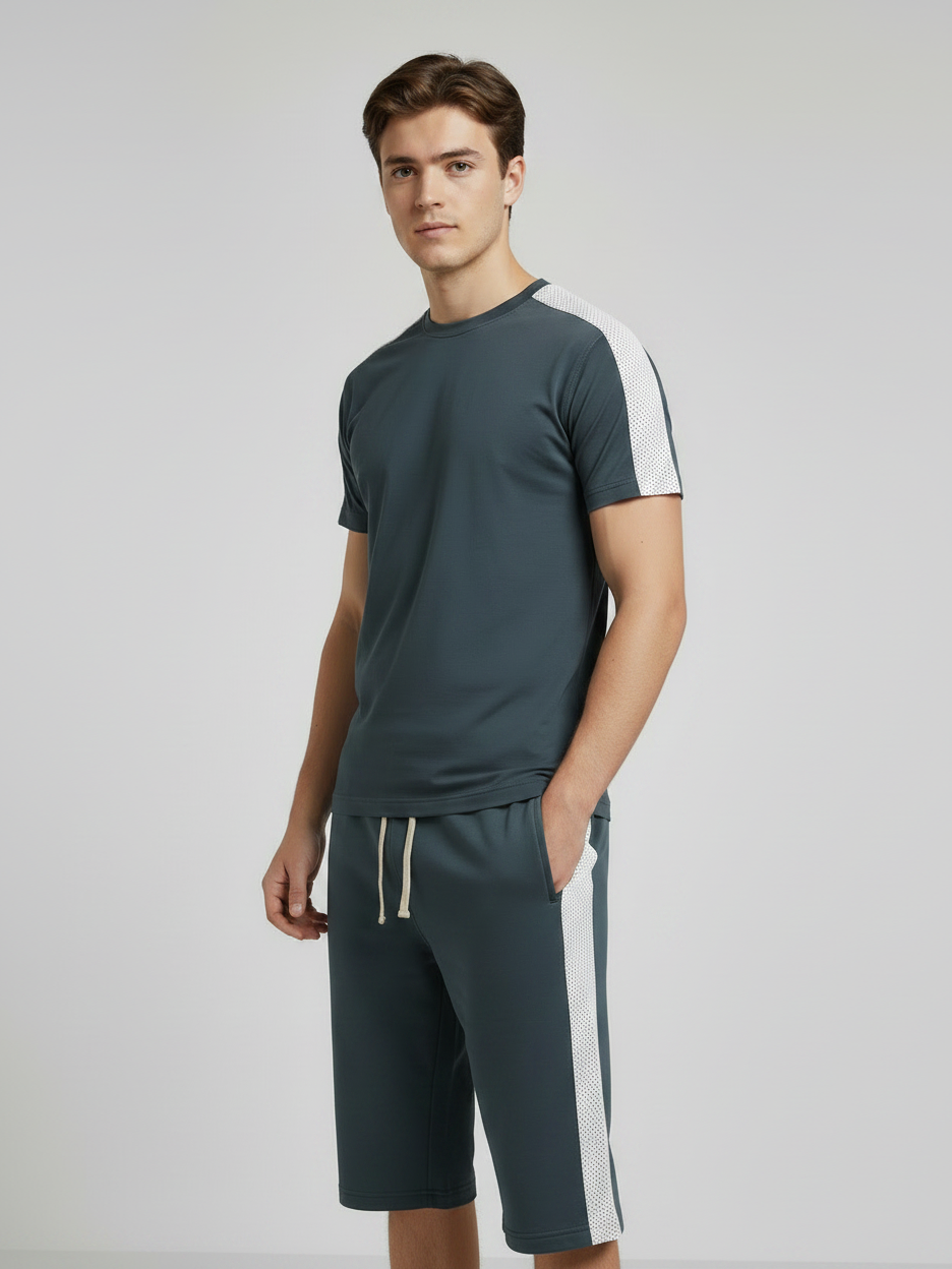 Summer Co Ord Set For Men-Dark Grey & White Panel-BE3200