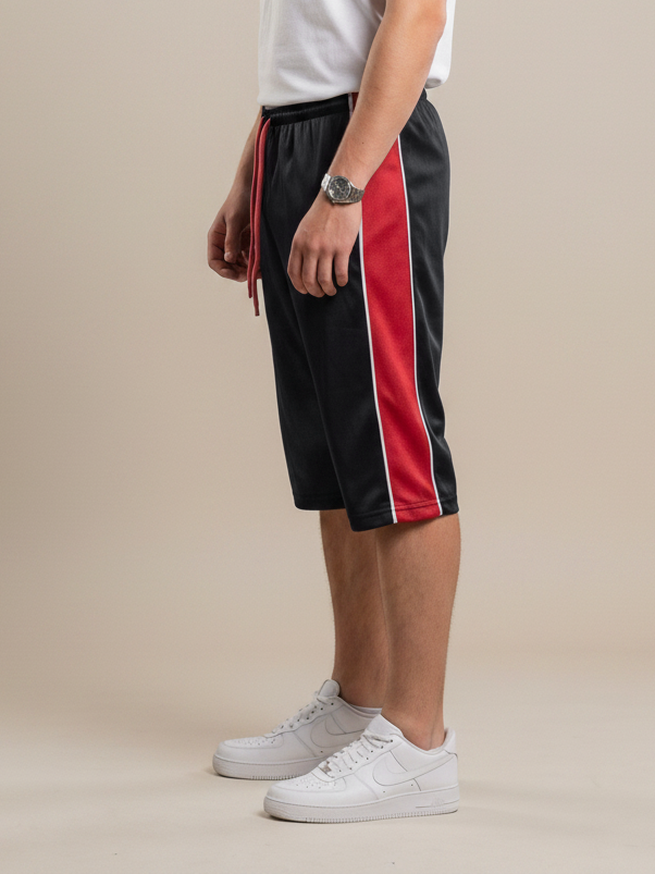 Stylish Knee Length Short For Men-Black With Red Stripe-BE6095