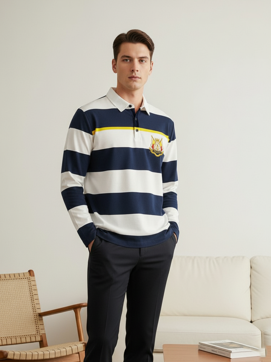 Louis Vicaci Long Sleeve Polo Shirt For Men-White & Navy Stripe-RT1867/BE53