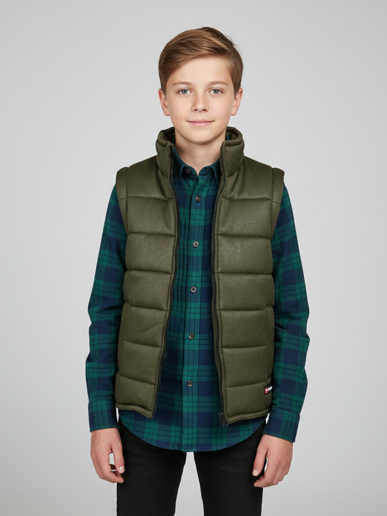Payper Winter Sleeveless Zipper Mockneck Jacket For Kids-Olive Green-PSJ09