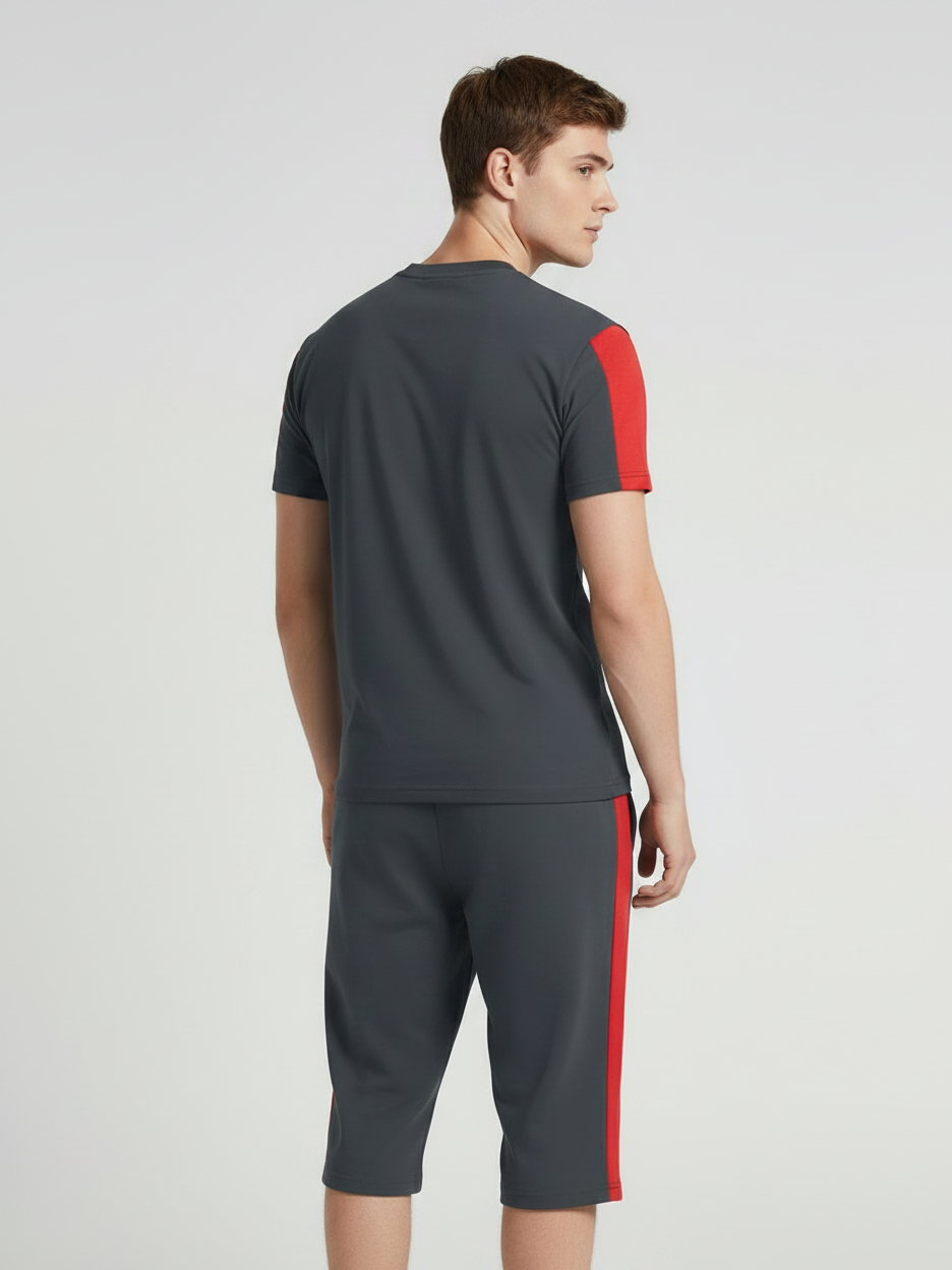 Summer Co Ord Set For Men-Dark Grey & Red-BE9448