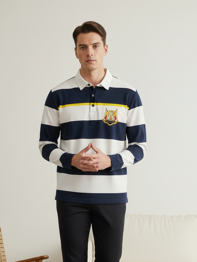 Louis Vicaci Long Sleeve Polo Shirt For Men-White & Navy Stripe-RT1867/BE53